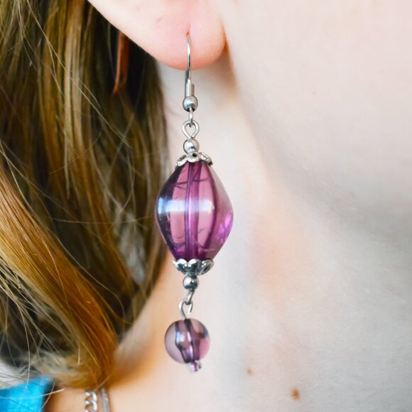 Purple Beaded Drop Earrings Lightweight Handmade Hypoallergenic Jewelry - Picture 5 of 5